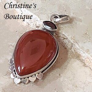 Red Carnelian and Garnet Gemstone Sterling Silver Pendant with heart design